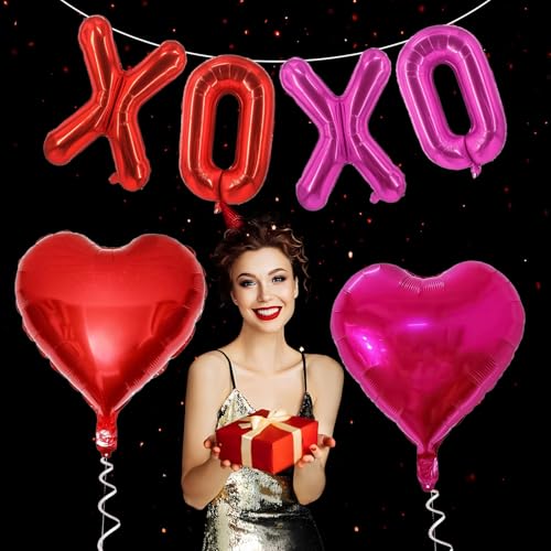 Image of Red XOXO Heart Balloons 6 Pcs Valentines Day Balloons Red Pink Heart Shaped Balloon XOXO Foil Balloon Letters for Girls Women Anniversary Sweet Valentine Day Romantic Decor Special Night Party