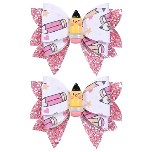 3.5 Glitter Pencil Hair Bow Clips 2Pcs Back to School Sparkly Pink Leather Cheer Bow Alligator Clip First Day School Party Accessories Gift for Girls Student Teacher Women