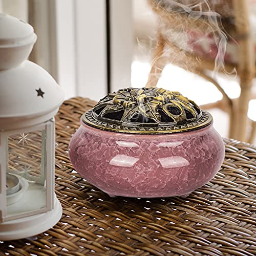 Bivinar Ceramic Incense Burner With Lid, Cone Incense Burner With Brass Incense Sticks Holder For Home Office Outdoor Yoga Aromatherapy Ornament (Pink) #TOP4
