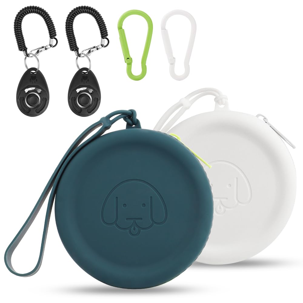 Silicone Dog Treat Pouch Small Bag,with Pet Training Clicker,Walking Bag for Dog and Cat, Pocket Size,Easy to Clean,Odorless,Zipper Design,Moisture-proof,Travel Walking Bag (Dark Green&White)