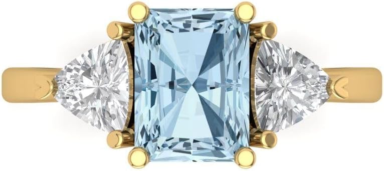 Clara Pucci 14K Solid Gold Engagement Ring for Women | 2.82 cttw Blue Diamond Emerald Cut Three-Stone | Real Yellow Gold Wedding Ring