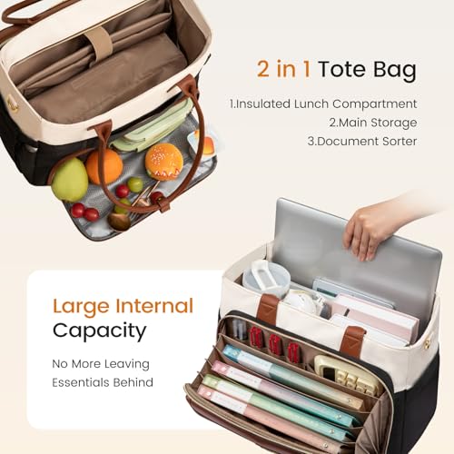 Image of LOVEVOOK 17 Inch Laptop Tote Bag for Women, Teacher Nurse Work Tote Bags with Large Cup Holder & Accordion File Area for Office, Travel, College, Computer Handbags Quilted Diaper Bag Gifts