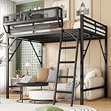 KEIKI Queen Size Metal Loft Bed Frame with Ladder and Built-in Storage Shelves, for Teens, Modern Style Loft Bed with Solid Slats, Guardrail, No Box Spring Required, Easy Assembly, for Bedroom, Black