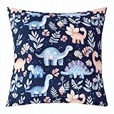 feelingyou Lovable Dino - Funda de cojín de 40 x 40 cm, diseño de dinosaurio azul y rosa, para adolescentes Kawaiis Animal Leaves Plant