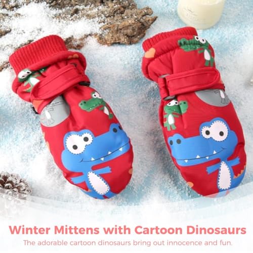 Ski Mittens for Little Ones, Waterproof Windproof Ski Mittens, Warm Coral Fleece Winter Snow Gloves, Winter with Cute Dinosaurs for Aged 4 to 83