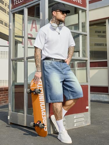 Image of PLEPAN Mens Super Baggy Jean Shorts 12 inch Vintage Loose Fit Wide Leg Long Jorts Y2K Streetwear Below Knee Denim Shorts