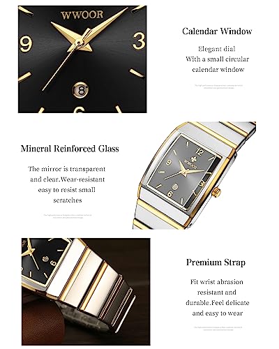 WWOOR Watches for Men and Women Stainless Steel Mens Square Watch with Date Men's Watches Casual Watch with Date Square (85-Silver Black)