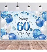 60th Birthday Banner Backdrop,BTZO Happy 60th Birthday Decorations,Blue White Fabric Photo Backdr...