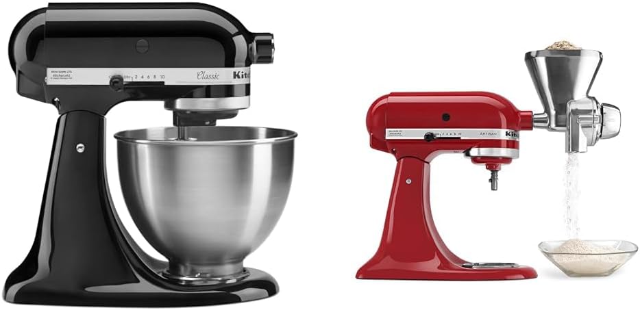 KitchenAid Classic Series 4.5 Quart Tilt-Head Stand Mixer K45SS, Onyx Black & KGM All Metal Grain Mill Attachment