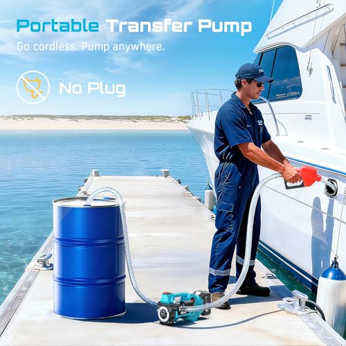Image of SEESII Fuel Transfer Pump Battery Powered: 12GPM Cordless Electric Diesel Transfer Pump Kit w / 4.0Ah Battery & Auto-Stop Nozzle, 2 Hoses & Filter for Diesel Kerosene Portable Fueling on Farm Boat Home