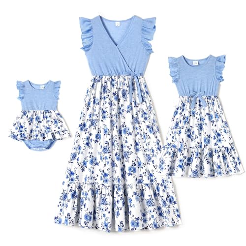 IFFEI Mère et fille Robes à manches volantes Robe d'été Famille Tenues assorties, bleu, XL