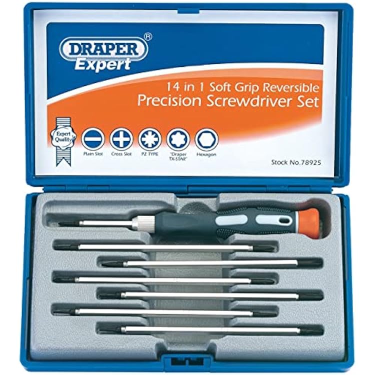 Draper Expert 14 في 1 مجموعة مفك براغي دقيقة قابلة للعكس - 78925 - للإلكترونيات المنزلية والاستخدام الاحترافي Crosshead Cross Slot PZ TX-Star & Hex