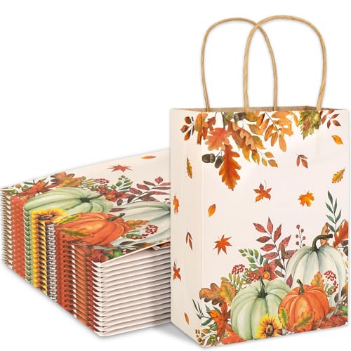 JarThenaAMCS 24Pcs Fall Kraft Paper Gift Bags Pumpkin Maple Leaves Candy Treat Bags with Handles Grocery Shopping Bag or Autumn Thanksgiving Baby Shower Birthday Party Favors Supplies