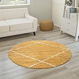 Paco Home Tapis Shaggy Tapis De Salon Poil Long Poils Longs Motif Diamant Scandinave, Dimension:160 cm Rond, Couleur:Jaune