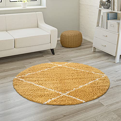 Paco Home Hochflor Teppich Wohnzimmer Shaggy Langflor Skandinavisch Rautenmuster Modern, Grösse:120 cm Rund, Farbe:Gelb