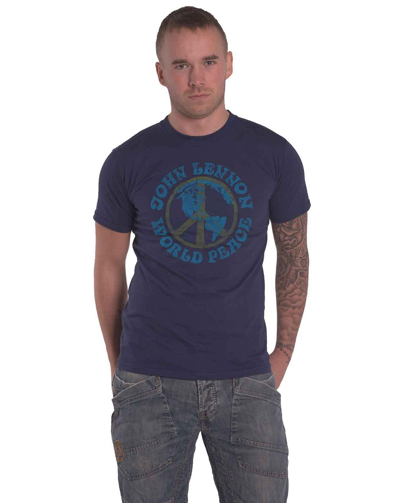Rockoff Trade John Lennon T Shirt World Peace Vintage Logo Nouveau Officiel Homme Navy Bleu - Les Beatles, Paul McCartney, John Lennon, RIngo Starr, George Harrison Rockoff Trade John Lennon T Shirt World Peace Vintage Logo Nouveau Officiel Homme Navy Bleu