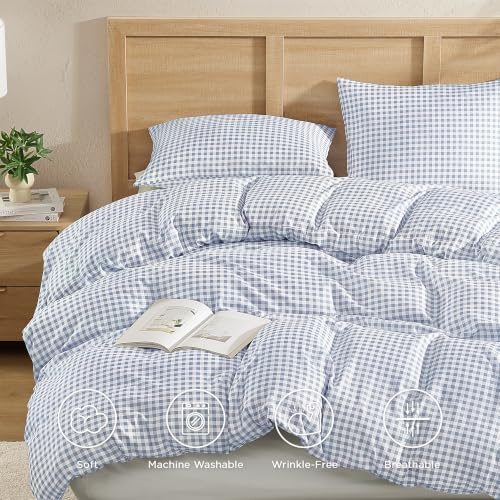 Image of Andency Gingham Duvet Cover King Size, Misty Blue Checkered Plaid Bedding Set, 3 Pieces Soft Prewashed Microfiber Comforter Cover with Zipper Closure & Corner Ties