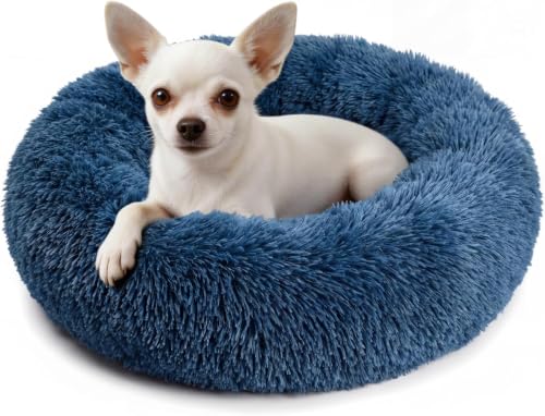 Image of ZEXSAZONE Round Donut Pet Bed for Cats and Puppies, Dogs, Cozy and Plush, Raised Bedside Support, Both Sides Use as 2-in-1, Washable, Sizes for Small, Medium, and Large Pets. (Blue, Small)