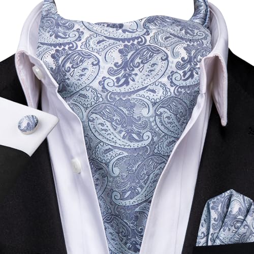 Image of Hi-Tie Silk Ascot for Men Self Tie Men's Cravat and Flower Lapel Pin Handkerchief Cufflinks Set for Wedding Party