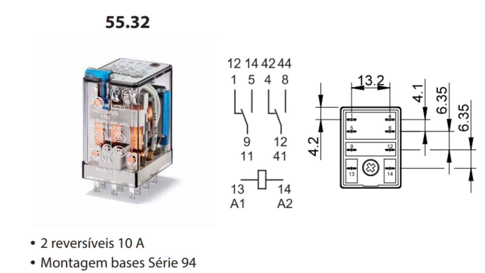 Finder serie 55 - Rele industriale 12vdc pulsante +indicatore 2 contatti 10a