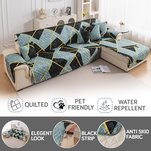 Image of HOKIPO 'Elira Series' Printed Quilted One-Piece L Shape 5 Seater (3+2) Sofa Cover with Right Chaise | Anti-Slip Design, Multicolor Abstract Geometry (AR-6229-C10)