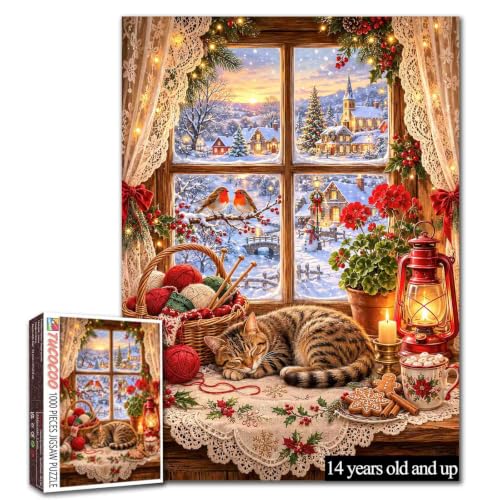 Christmas Window Sleeping Cat Puzzles for Adults 1000 Pieces