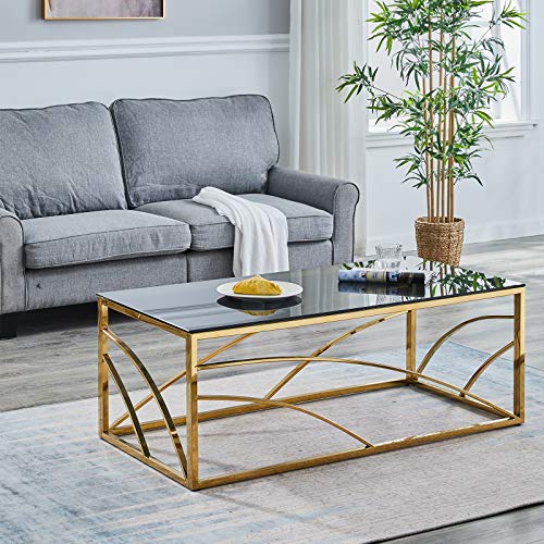 KEIVVAKN Stainless Steel Rectangular Accent Glass Coffee Table for Living Room- 46.8' Modern Sleek Center Table with Lounge Table with Black Grey Tempered Glass(Gold)
