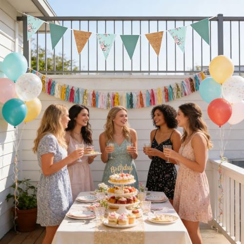 Image of Zwiebeco 39Ft Sage Green Floral Fabric Pennant Banner Vintage Burlap Triangle Flag Retro Flower Bunting Party Decoration for Birthday Engagement Wedding Bridal Baby Shower Rustic Village Garden Decor