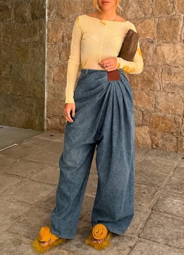 Women's Denim Harem Pants Casual High Waist Pleated Wide Leg Jogger Denim Pants Streetwear2