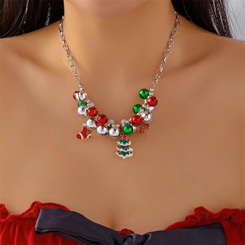 Dainty Christmas Tree Pendant Red Green Jingle Bells Baeded Necklace for Women Statement Creative Stocking Bow Bell Charm Adjustable Choker Xmas Party Holiday Festive Jewelry Winter Accessory - Image 3