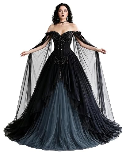 TRHTX Gothic Wedding Dress with Cape Beaded Victorian Dresses for Women 16