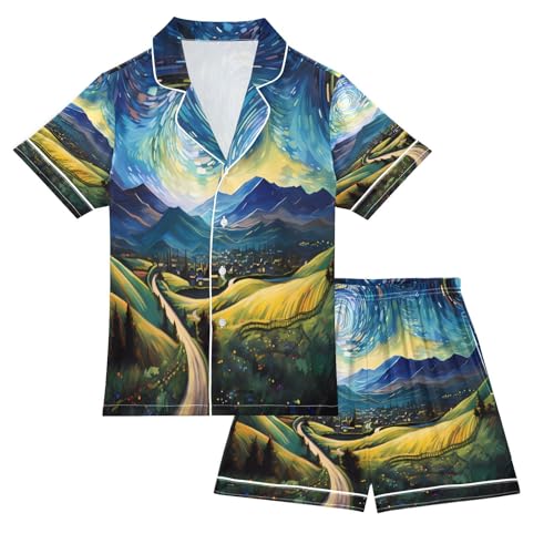 ALAZA Landscape Van Gogh Starry Night Satin Pajamas Set Short Sleeve Button Down Sleepwear Summer Pjs 2 Piece