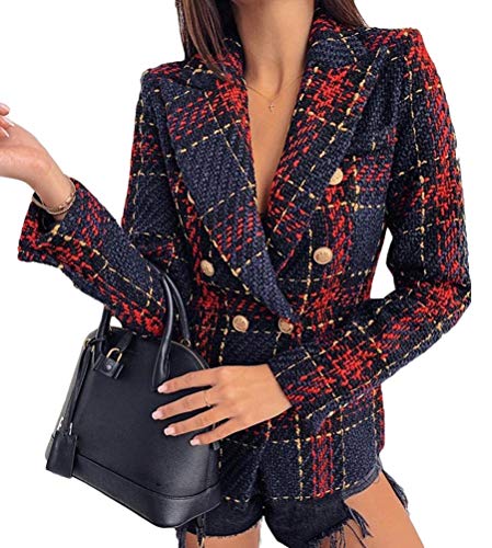 Blazer A Cuadros para Mujer Botones Blazer De Manga Larga Chaqueta Corta A Cuadros Chaqueta De Negocios Blazer C Rojo S