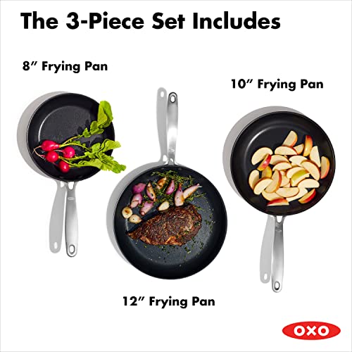 Image of OXO Enhanced, 8 inch 10 inch and 12 inch 3 Piece Frying Pan Skillet Set, Healthy Ceramic Nonstick, PFAS-Free, Stainless Steel Handle, Dishwasher Safe, Oven Safe, Black (Pack of 2)