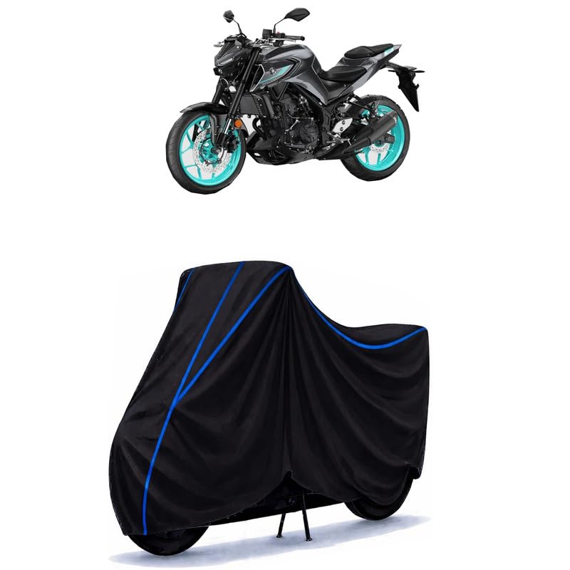 Image of MT 09 Bike Cover Water Resistant Universal Motorcycle Rain | Heavy Duty UV Protection, Dust, Scratch Indoor Outdoor All Weather with Black Blue Piping Elastic