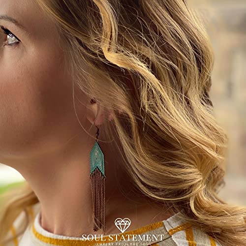 Vintage Country Western Jewelry for Women: Dangle Boho Turquoise & Bronze Patina Earrings with Long Copper Tassel Chains | Dangle Earring Set, Cowboy Chic Style Geometric Concert Festival Accessories2