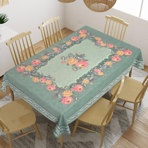 Image of Cloth Fusion Velvet Floral Dining Table Cloth 6 Seater, Dining Table Cover with Elegant Floral Pattern for Dining Room (60x90 Inch, Turquoise)