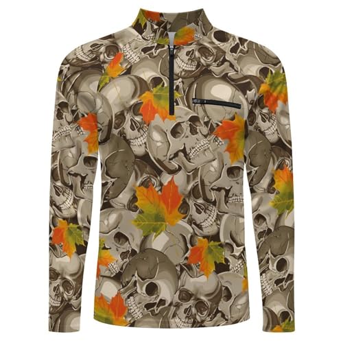 Skulls and Autumnal Maple Leaves Men's Rash Guard Long Sleeves Quick Dry Fishing Workout Shirts with Zipper4
