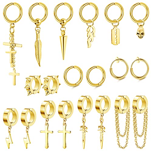 Sanfenly 26Pcs Clip On Earrings for Men Stainless Steel Non Pierced Cross Chain Lightning Feather Spike Skull Dangle Huggie Hoop Fake Earrings Set Black Silver Gold Tone