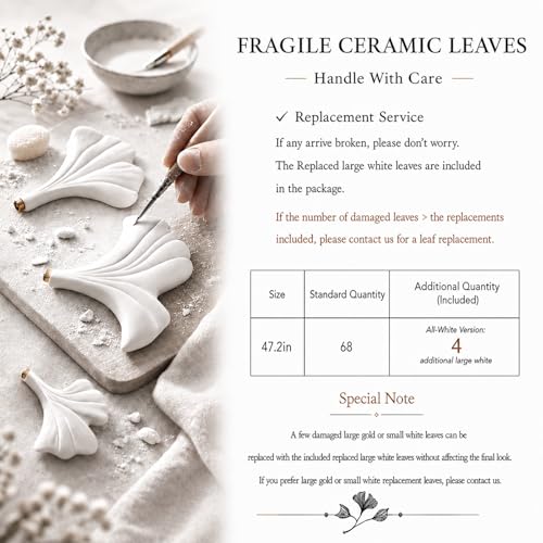 Image of Tree Branch Chandelier White Ceramic Ginkgo Leaf Chandeliers L47 Inch Brass Rectangle Chandelier Large Luxury Hanging Lights Fixture for Dining Room Living Room, 6-Light