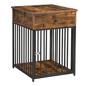 HOOBRO Wooden Dog Crate Dog Furniture Decorative Pet Dog Kennels with Drawer Indoor Pet Crate End Table Steel Tube Dog Cage Sturdy Chew Proof and Tear Proof Rustic Brown and Black BF01GW03
