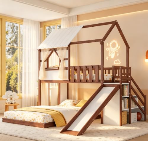 Image of Bellemave Bunk beds Twin Over Full with Slide,Storage Staircase,House roof Design,Low bunk /loft Bed for Kids，Walnut