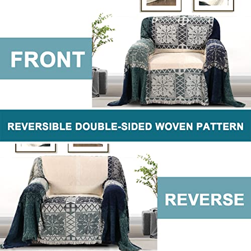 Turquoize Boho Couch Cover Bohemian Cotton Sofa Cover Sofa Throw Cover For Couches Washable Sectional Sofa Couch Covers For Dogs Feature Hippie Chenille Jacquard Fabric (71"X 91", Medium, Aqua Beige) #TOP5