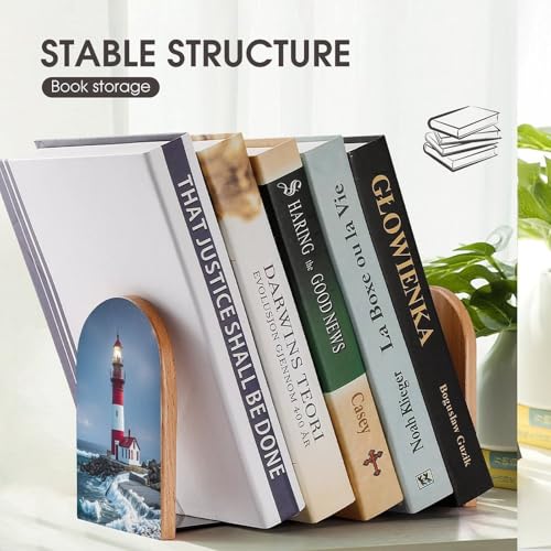 Sujetalibros de madera Lighthouse Ocean organizador de libros antideslizante para estantes 8