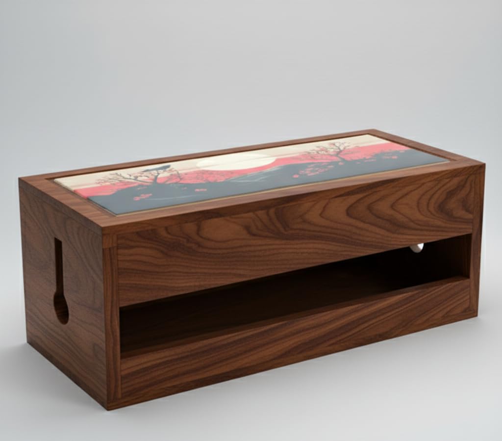 Wooden Cable Management Box with Decorative Beach Design Printed Lid – Desk Cord Organizer & Charger Storage Case for Home & Office (Brown, Design 1)