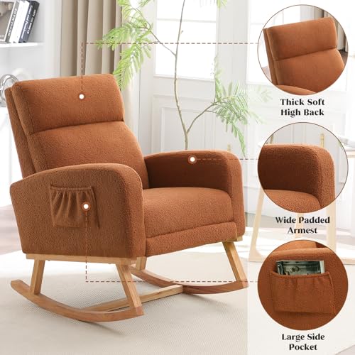 Image of HCHAIRH Rocking Chair Nursery with Foot Rest, Nursing Rocking Chairs for Mom Nursery, Teddy Rocker Glider with High Backrest for Living Room, Bedroom, Brown