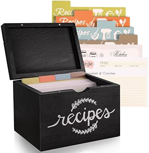 Recipe Cards and Box Set, Wood Recipe Card Box, Farmhouse Recipe Organizer for Kitchen Counter, Rustic Recipe Holder with 4x6 Inches Recipe Cards, Great Gift for Grandma Mom Women Recipe Lovers