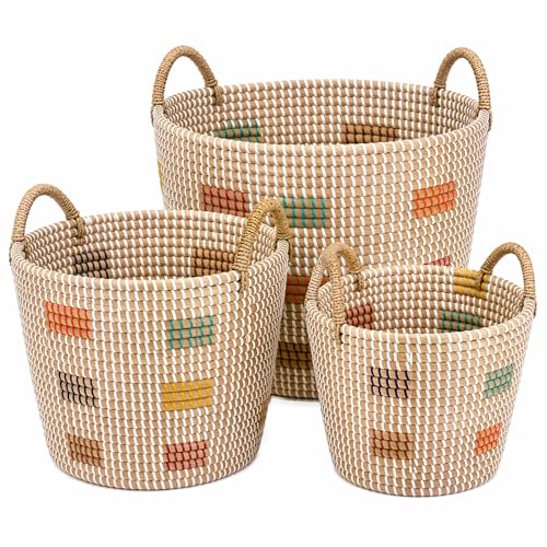 Lot de 3 paniers en jonc de mer tressés à la main, paniers de rangement avec anses, style bohème naturel, panier à linge, jouets et déco pour salon,...