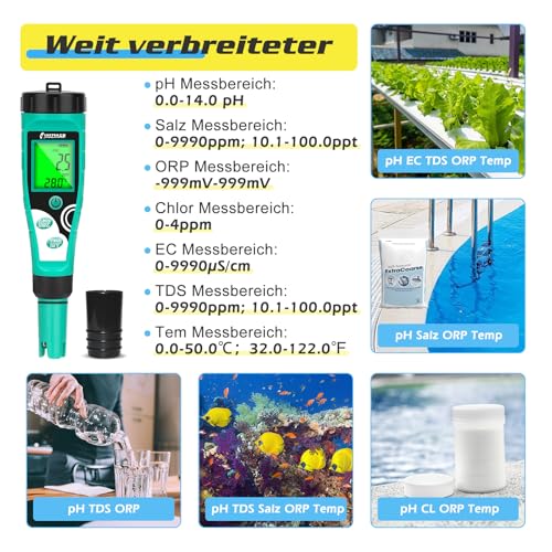 UIUZMAR Pool Chlor und pH Messgerät, Digitales Salzgehalt und ORP Messgerät, 7 in 1 Wassertester misst pH-Wert, Freies Chlor, Salz, ORP, EC, TDS und Temperatur für Aquarien, Hydroponik und Whirlpools