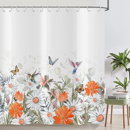 ASDCXZ Flower Shower Curtain 180x200 cm, Spring Orange White Flowers Green Leaves Colorful Butterfly Bird Washable Shower Curtains Polyester Textile Waterproof Bath Curtain for Bathtub with 12 Hooks - Image 2